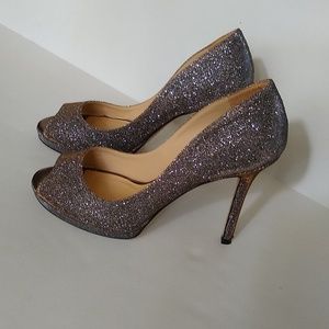 Kate Spade gold silver glitter peep‎ toe stiletto heels 7